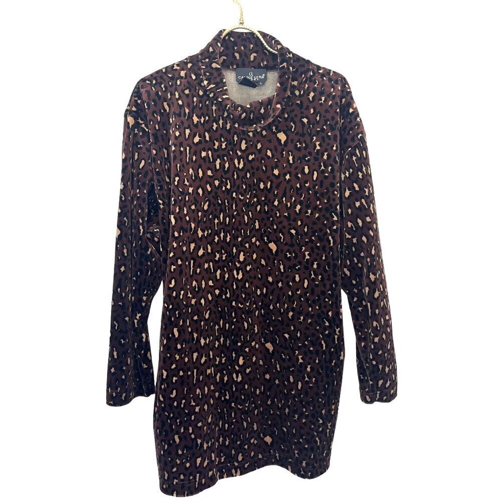 Carole Little Animal Print Turtle Neck Long Sleeve Velour Tunic Blouse Large